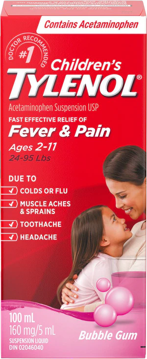 Tylenol Children's Fever & Pain Acetaminophen Suspension USP 160mg/5mL Bubble Gum 100mL