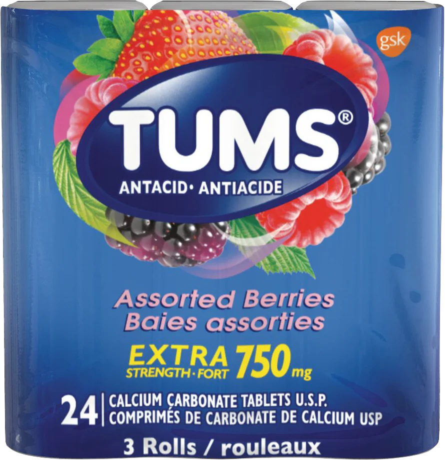 Tums Extra Strength 750mg Antacid Assorted Berries Calcium Carbonate Tablets USP 24ct