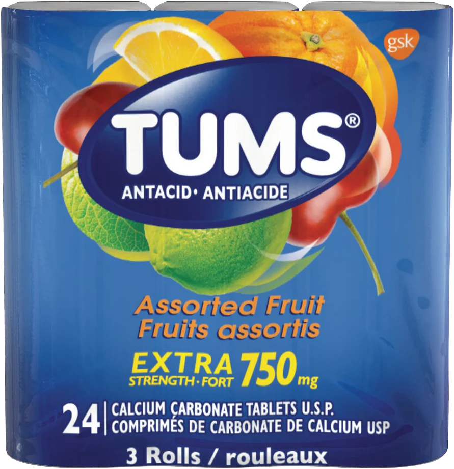 Tums Extra Strength 750mg Antacid Assorted Fruit Calcium Carbonate Tablets USP 24ct