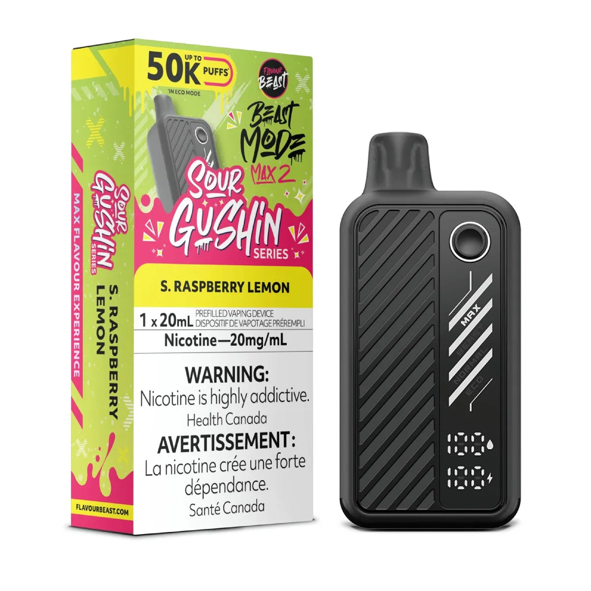 Sour Gushin S. Raspberry Lemon - Flavour Beast Mode Max 2 50K - 20MG - 5pc/Carton