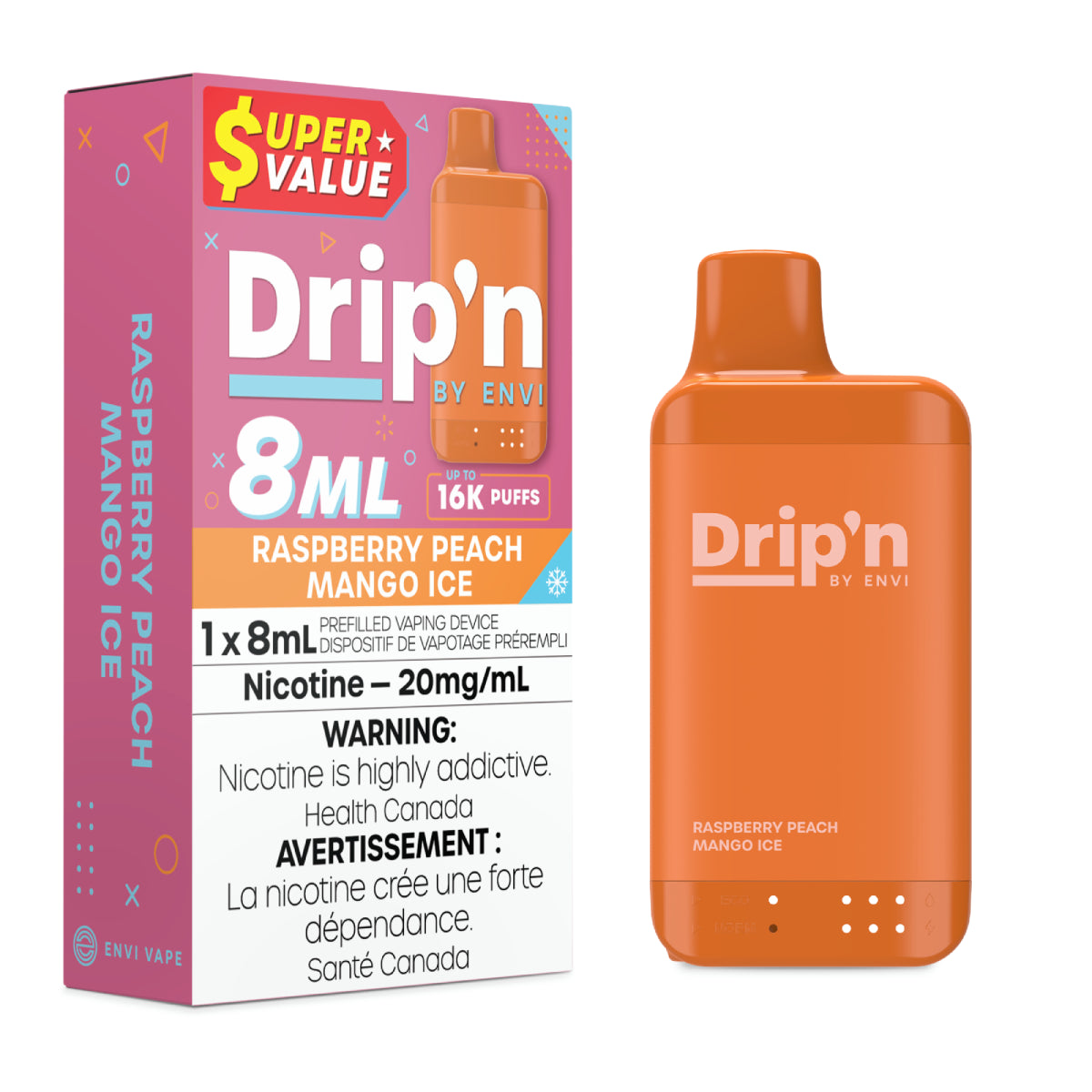 Raspberry Peach Mango Ice - Drip'n by Envi 8mL - 16K Disposable - 5/PK [ON]