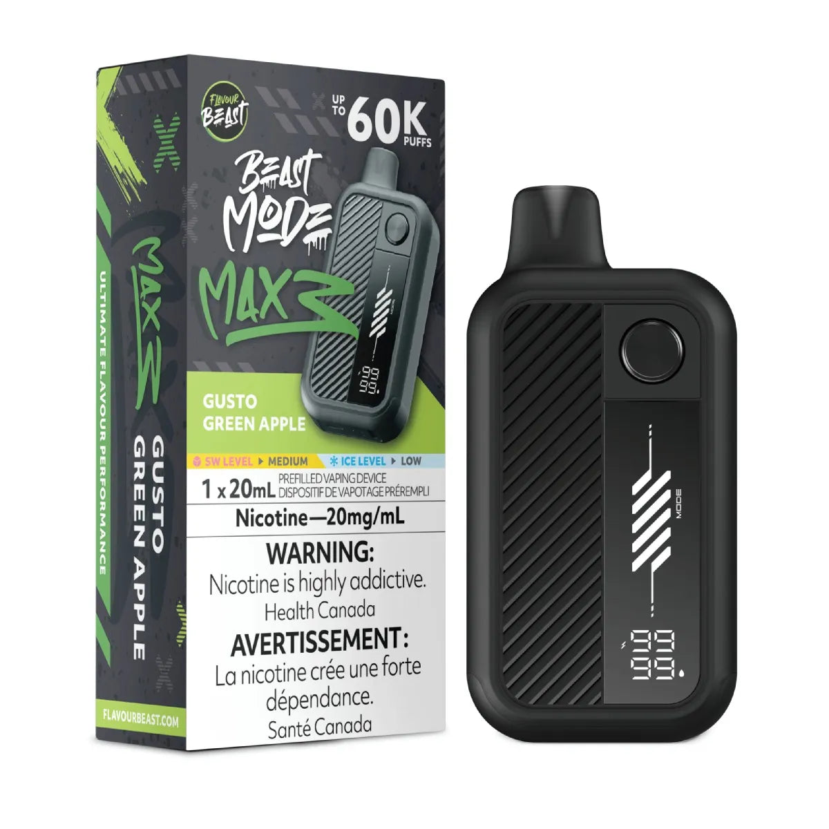 GUSTO GREEN APPLE - Flavour Beast Beast Mode Max 3 - 20MG - 4pc/Carton [Ontario]